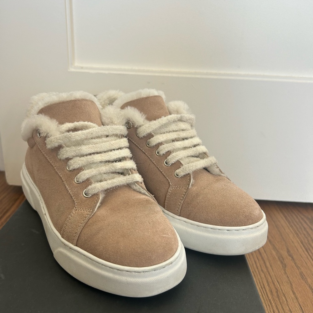 Women's Tan Suede Sneakers with Faux Fur Lining